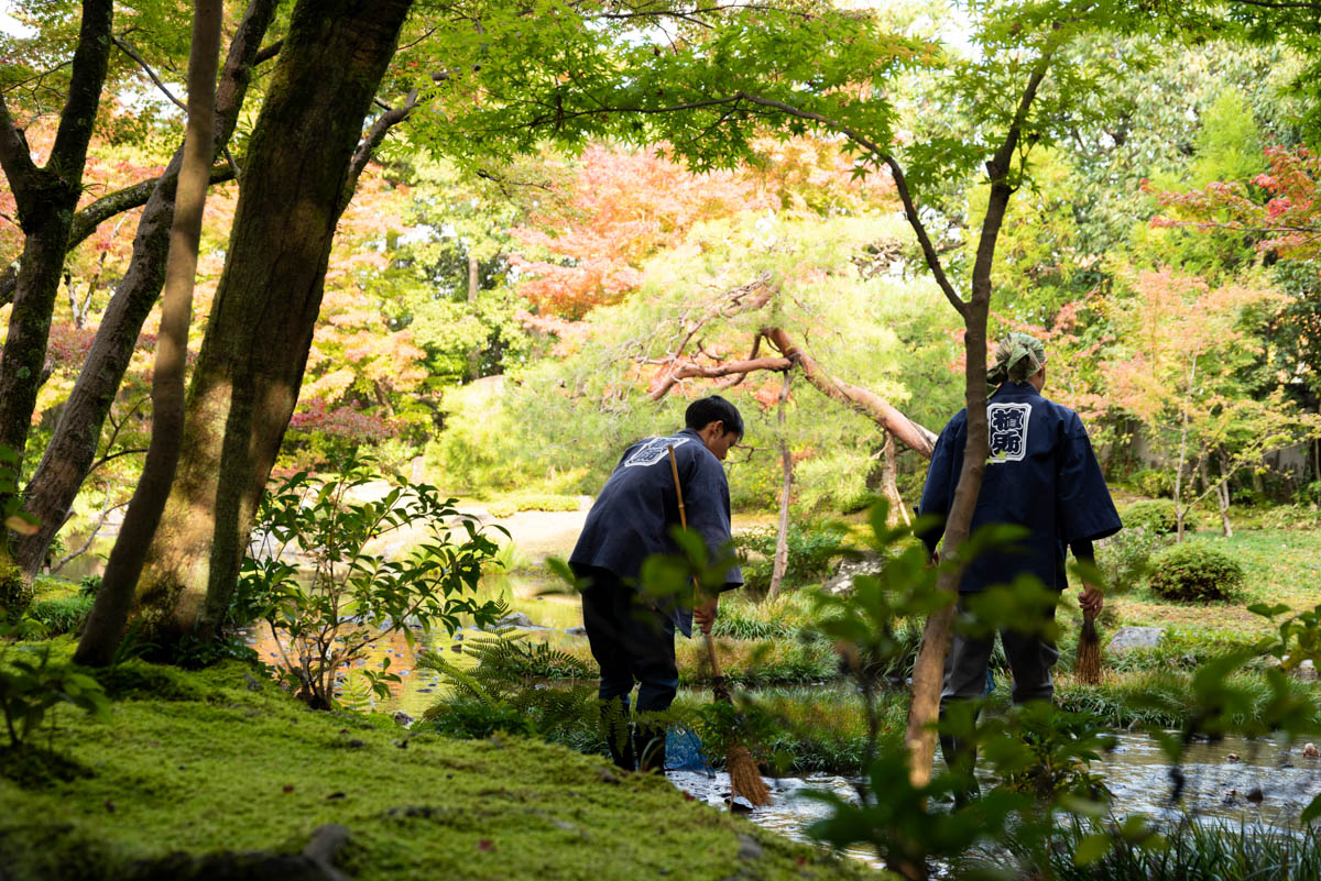 Japanese garden workers tending a stream in autumn